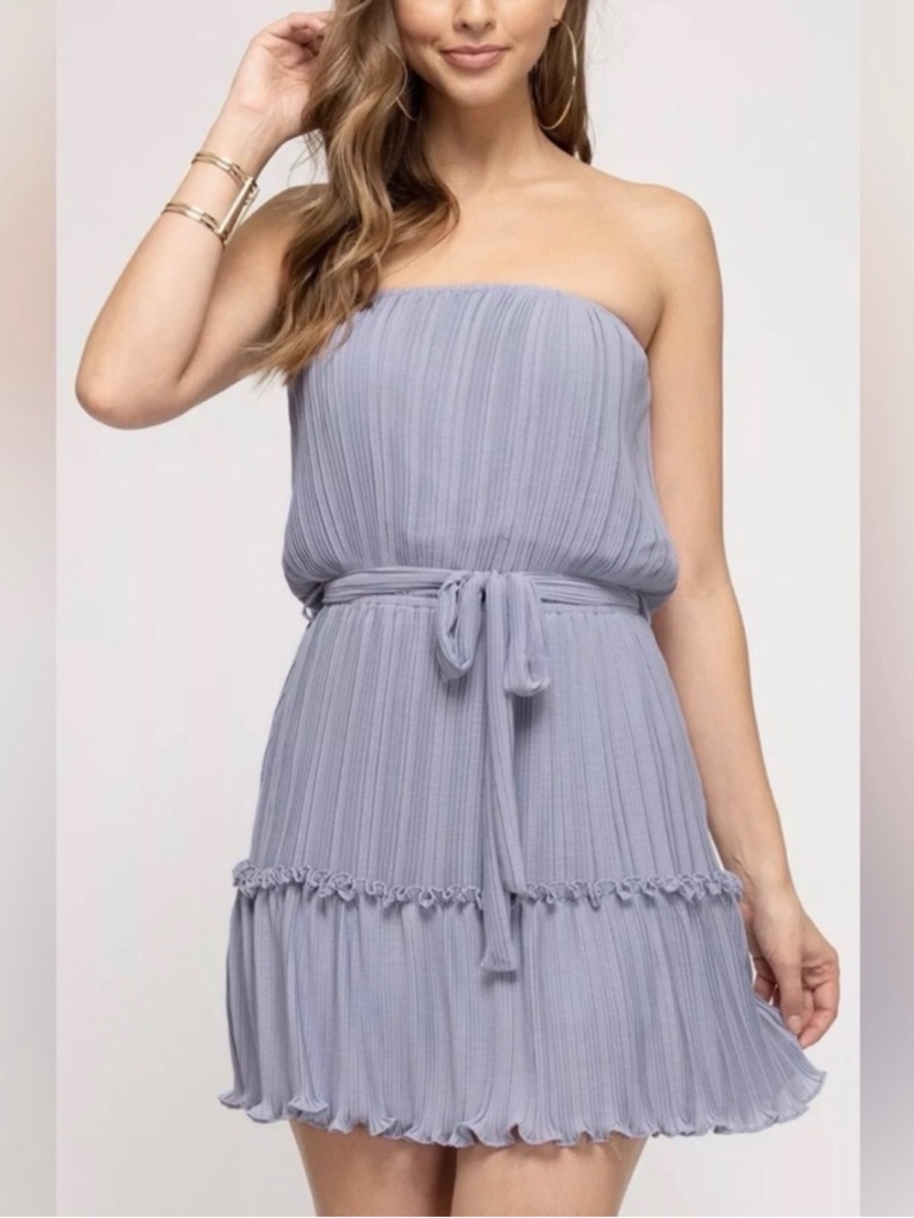 She + Sky Strapless Pleated Tie-Waist Dress in Light Lavender